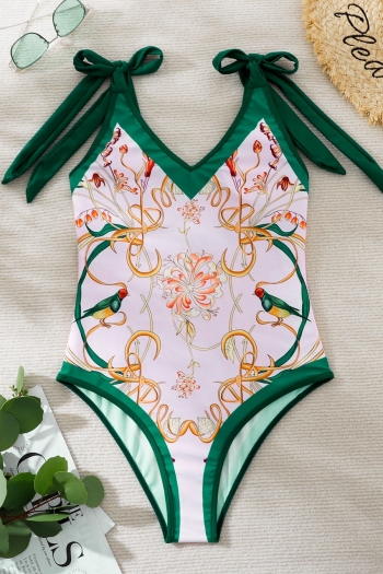 new floral & bird batch printing padded strappy lace up slim stylish retro one-piece swimsuit