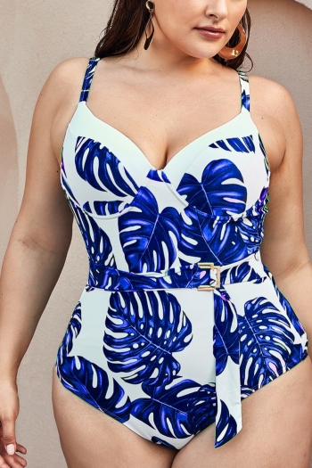 plus size leaf batch print padded adjustable buckle stylish sexy one-piece swimsuit