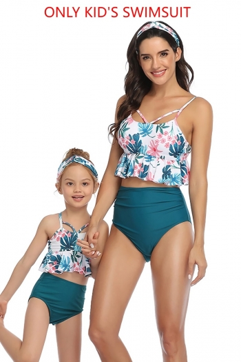 S-3XL kid parent-child new leaf & floral batch printing unpadded ruffle cute two-piece swimwear (without hair tie)