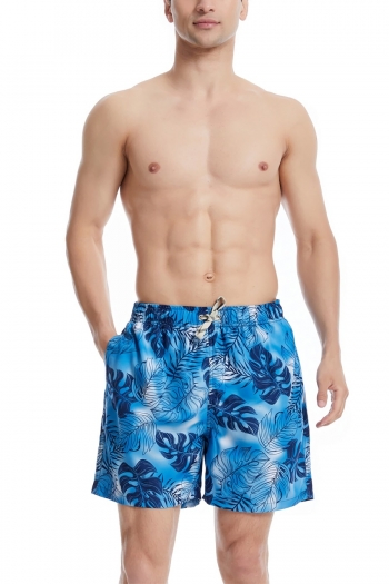 men new leaf batch printing non-stretch tie-waist pockets stylish surfing beach shorts (with lined)
