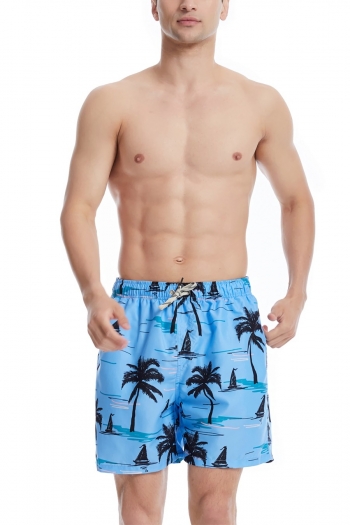men new coconut tree batch printing non-stretch tie-waist pockets stylish surfing quick dry shorts (with lined)