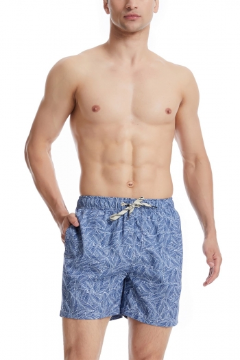 men new leaf batch printing non-stretch tie-waist pockets swim surfing quick dry shorts (with lined)