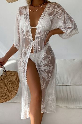new stylish embroidered mesh see-through lacing three-quarter sleeves loose sexy cover-ups(without swimwear)