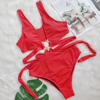 new 3 colors solid color metallic-ring connected padded strappy hollow lace up stylish sexy one-piece swimsuit