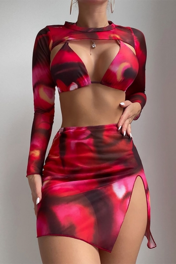 new tie dye printing removable padding halter-neck lace-up long-sleeve sexy four-piece swimwear