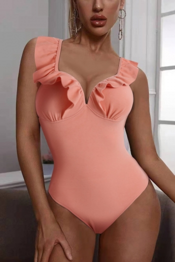 new pure color non-removable padding ruffle adjustable straps sexy one-piece swimsuit