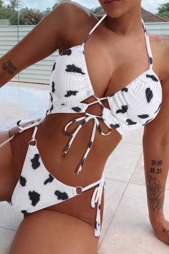 new cow batch printing removable padding halter-neck lace up metallic-ring connected stylish sexy two-piece bikini (with hair ring)