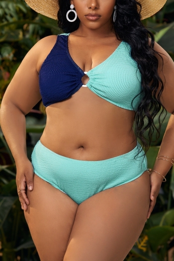 Xl-4xl plus size new contrast color patchwork padded strappy plastic-ring connected stylish sexy two-piece swimsuit