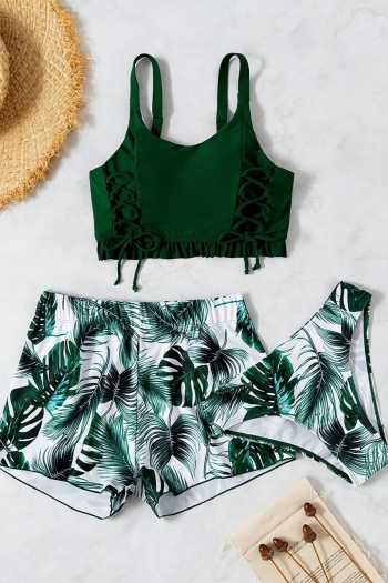 new leaf batch printing padded adjustable straps lace-up sexy tropical style three-piece swimwear