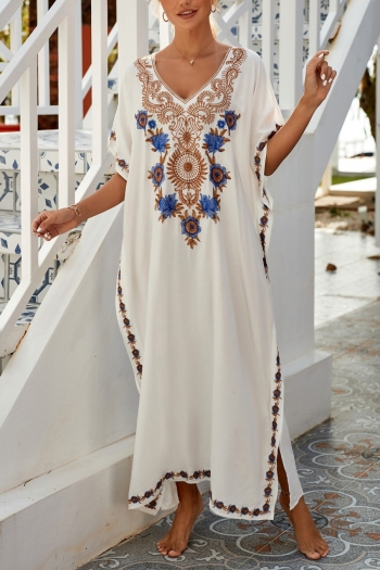 new floral embroidered rayon fabric slight stretch v-neck loose sun protection stylish sexy beach maxi dress cover-ups