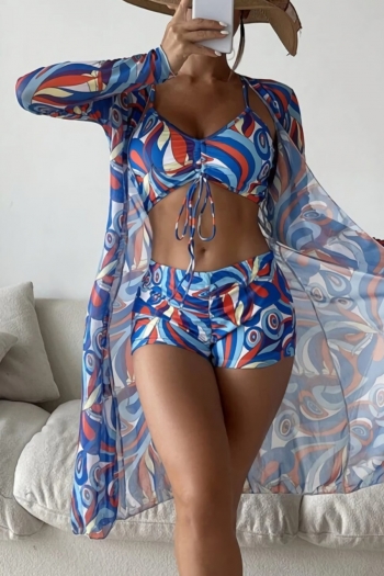 new multicolor allover batch printing padded high waist lace-up sexy three-piece swimwear#2