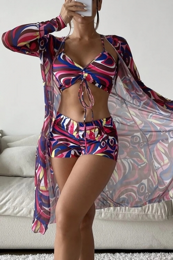 new multicolor allover batch printing padded high waist lace-up sexy three-piece swimwear#3