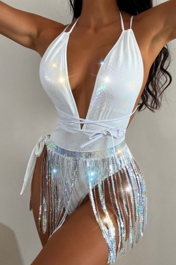 new snake holographic padded deep v backless lace-up sexy one-piece swimsuit with sequin tassel mini skirt