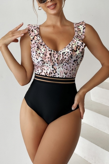 new plus size two colors leopard stitching padded v-neck backless ruffle sexy one-piece swimwear