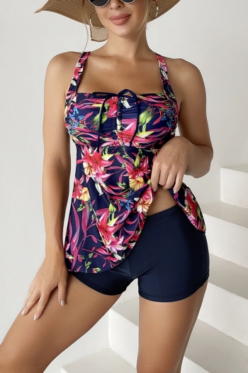 s-3xl new plus size two colors floral batch printing padded backless adjustable straps drawstring flat angle stylish sexy two-piece tankini