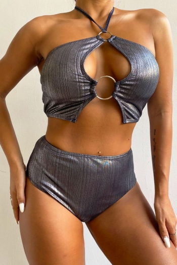 new holographic padded halter-neck lace-up metal ring connected high waist sexy bikini sets
