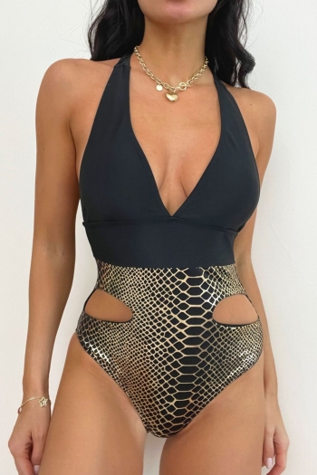new snake holographic stitching removable padding halter-neck lace-up hollow out sexy one-piece swimwear