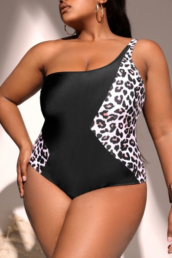 plus size leopard stitching padded one shoulder sexy one-piece swimwear
