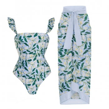 floral leaf printing padded ruffle lace up sexy one-piece swimsuit & one size skirt