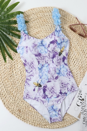 floral insect printing removable padding lace backless pretty one-piece swimsuit