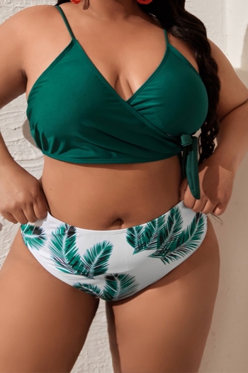 plus size leaf printing removable padding sling lace up two-piece tankini set