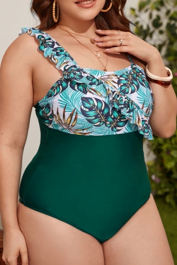 plus size padded leaf printing patchwork ruffle sling retro one-piece swimsuit