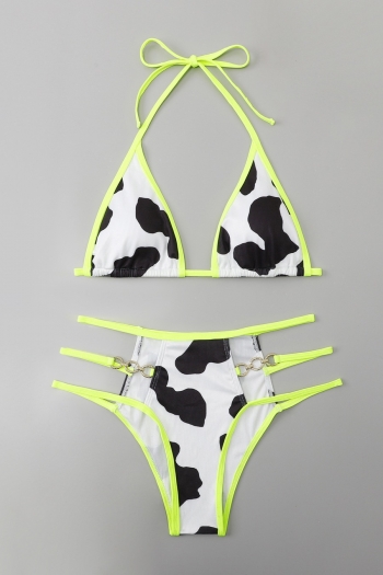 Cow pattern printing stitching padded halter-neck tied hollow sexy bikini sets