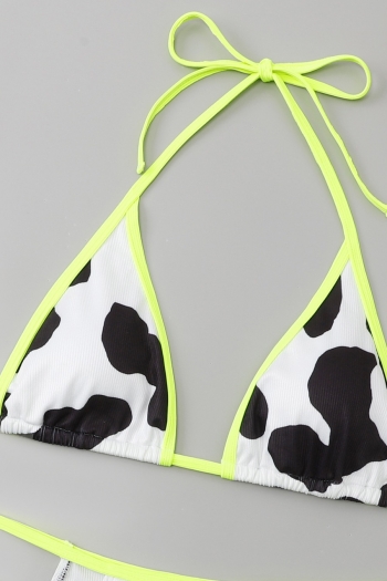 Cow pattern printing stitching padded halter-neck tied hollow sexy bikini sets