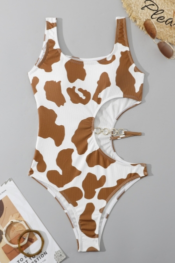 Cow pattern printing padded hollow metallic chain sexy one-piece swimsuit