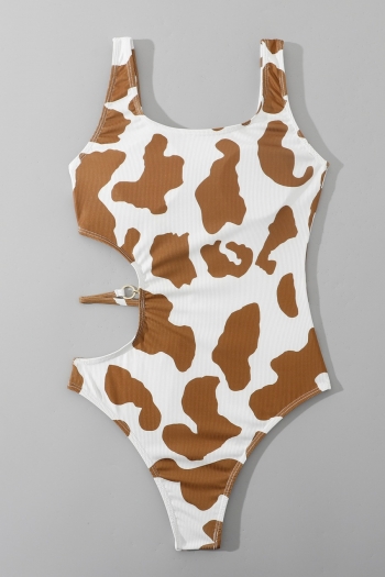Cow pattern printing padded hollow metallic chain sexy one-piece swimsuit