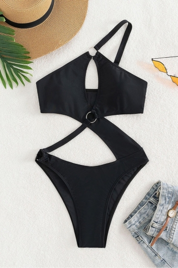 Pure color padded hollow metallic ring connected sexy one-piece swimwear