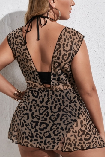 Plus size leopard printing patchwork padded v-neck classic three-piece set