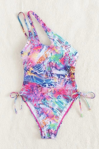 Contrast color printing padded one shoulder drawstring sexy one-piece swimsuit