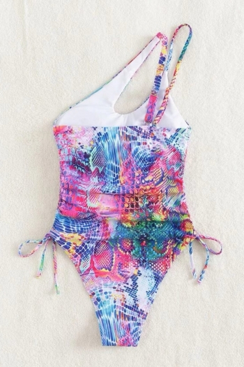 Contrast color printing padded one shoulder drawstring sexy one-piece swimsuit