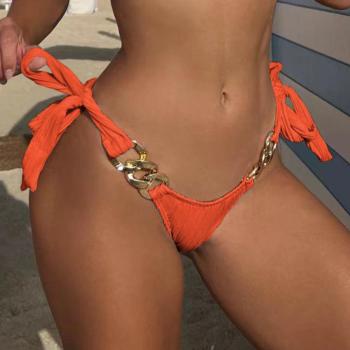 sexy textured orange metallic-chain lace-up bikini briefs