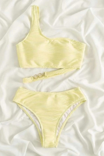 Special fabric padded one shoulder metallic-ring connected tankini set