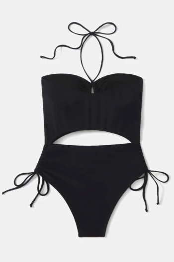 Two colors padded halter-neck tied hollow sexy one-piece swimsuit