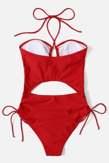 Two colors padded halter-neck tied hollow sexy one-piece swimsuit