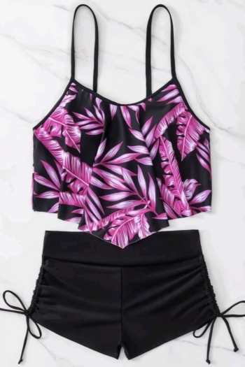 Two colors leaf batch printing backless sling drawstring sexy tankini sets