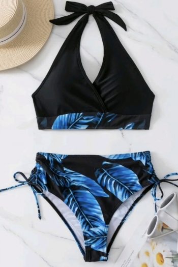 Three colors leaf printing padded halter-neck tied drawstring sexy bikini sets