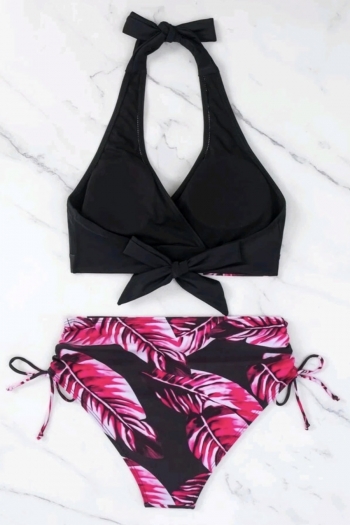 Three colors leaf printing padded halter-neck tied drawstring sexy bikini sets