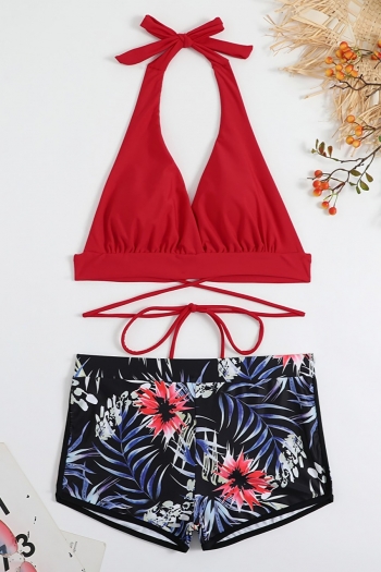 Three colors flower & leaf printing padded halter-neck tied sexy bikini sets