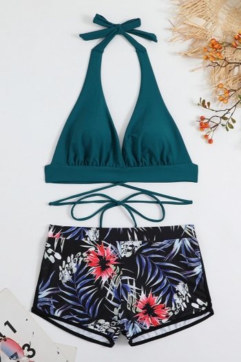 Three colors flower & leaf printing padded halter-neck tied sexy bikini sets