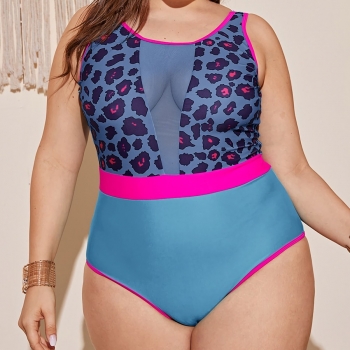 Plus size contrast color leopard printing spliced sexy one-piece swimsuit