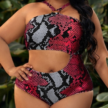 Plus size snake printing padded halter hollow retro one-piece swimsuit