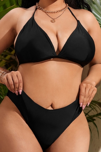 Plus size solid color padded halter lace up bakcless classic two-piece bikini