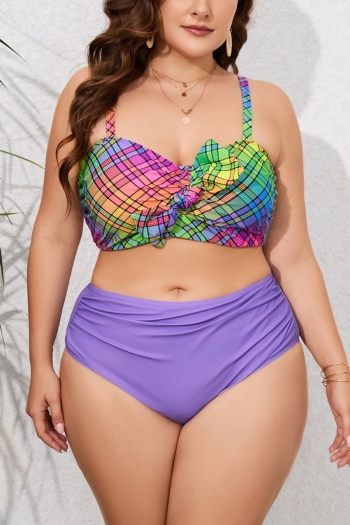 plus size color block printing padded strappy bow high waist pretty tankini set