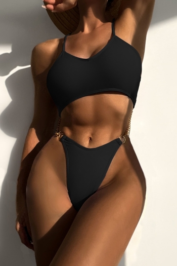 pure color padded backless tied metallic chain connected sexy one-piece swimwear