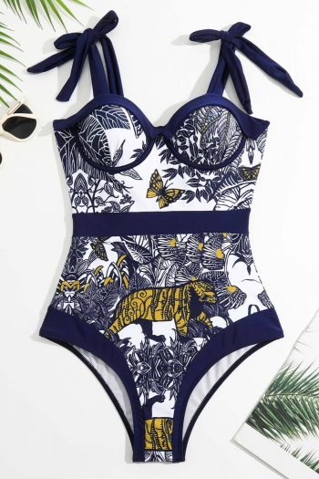tiger floral leaf printing padded underwire lace up retro one-piece swimsuit