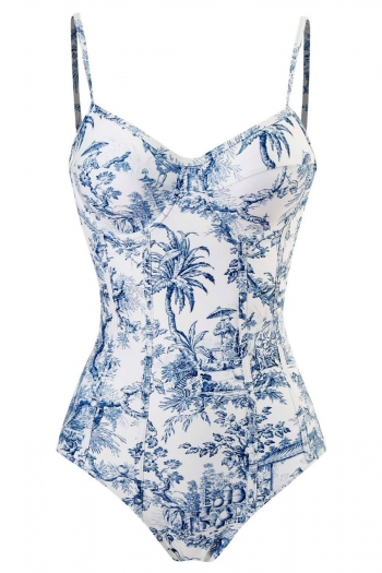 planting cultural scenery printing padded underwire retro one-piece swimsuit